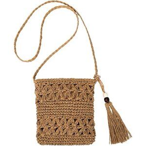 Beach Please Weaving Rattan Shoulder Bag Straw Tassel Beachy Crossbody, Beige